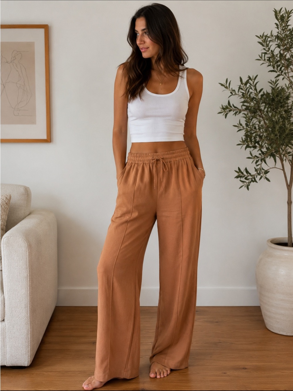 H&M Wide-Leg Drawstring Pants in Camel Brown